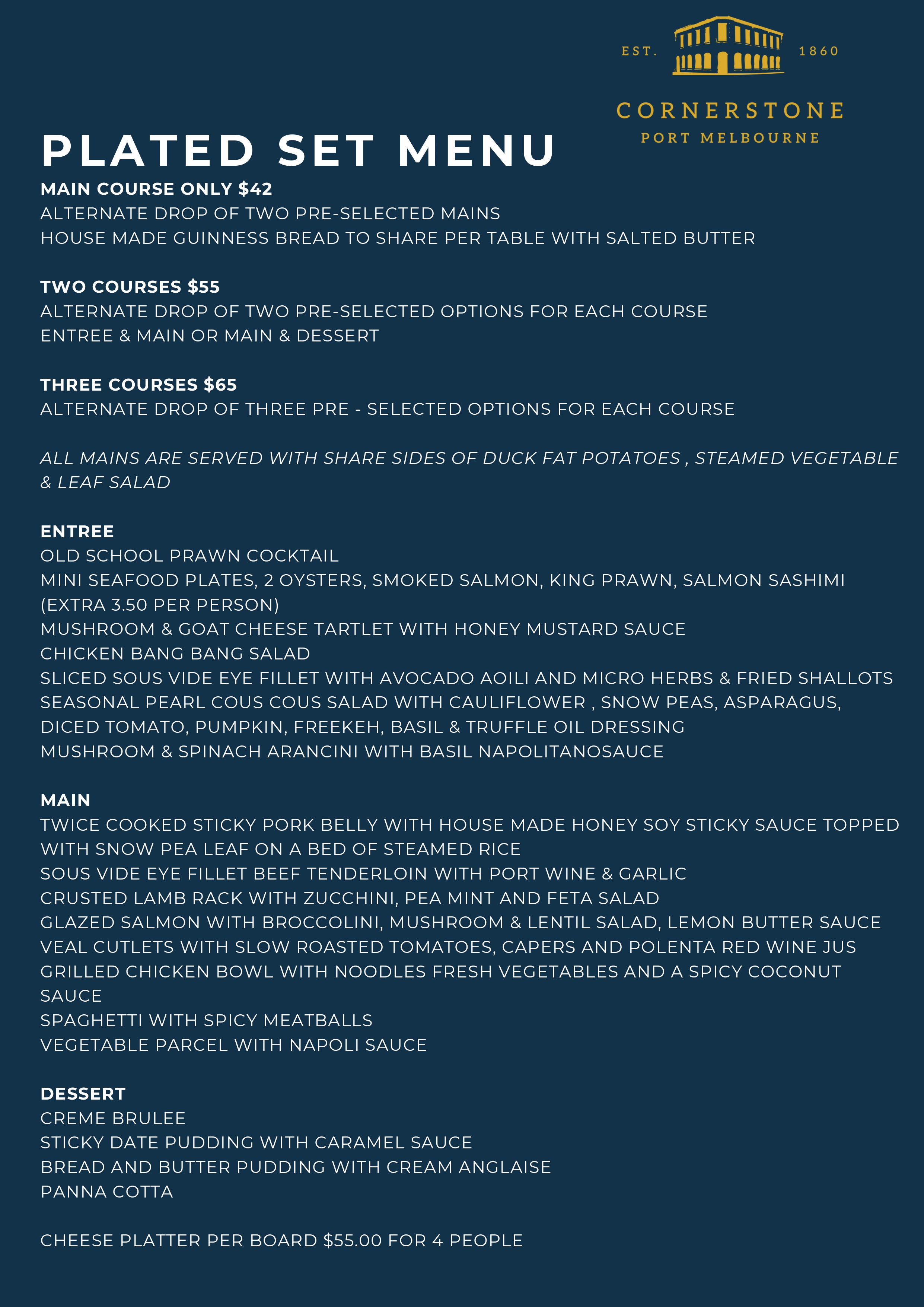 Cornerstone Pub events menu page 3 - complete event menu with canapé selections, mains, desserts, and premium beverage options for celebrations